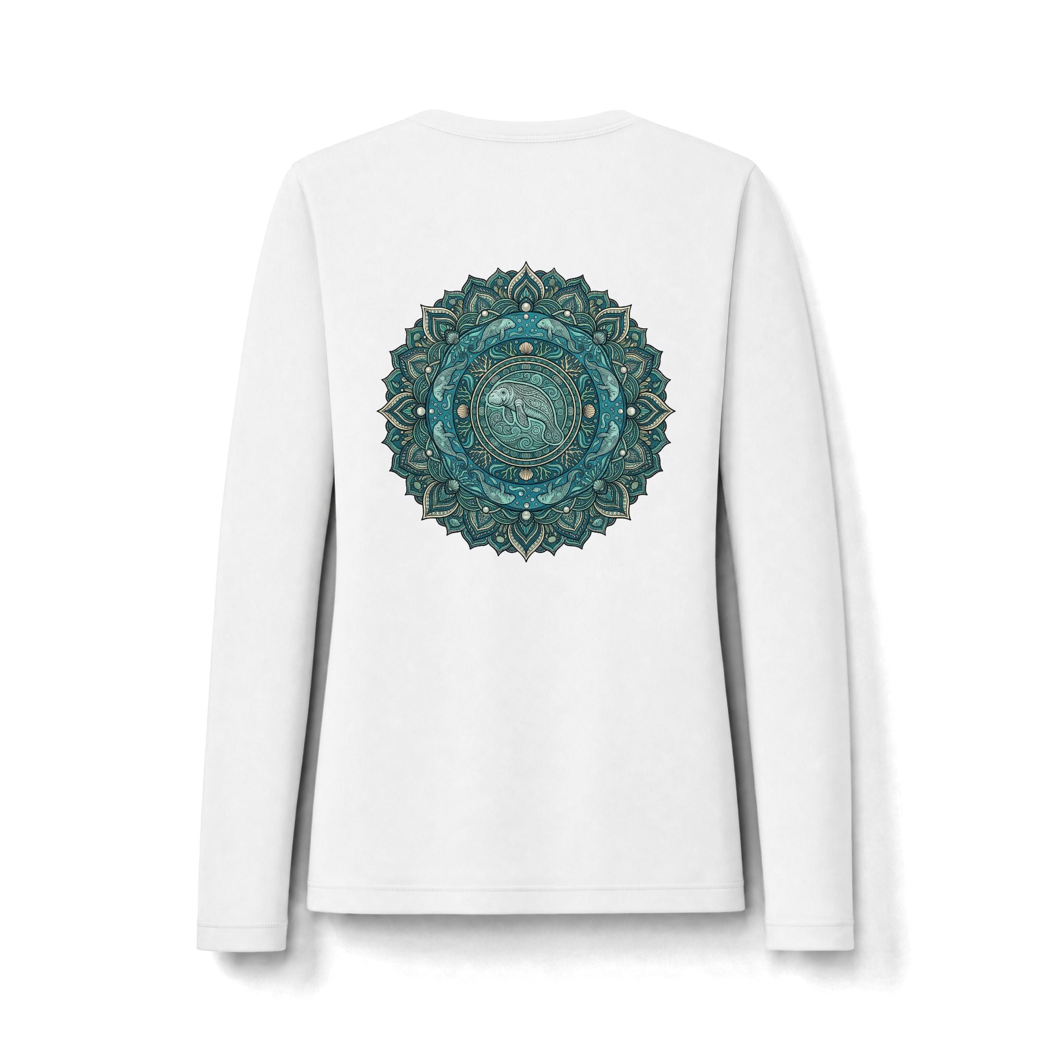 Women's Long Sleeve Tee — Teal Manatee Mandala Back Print | Sun Protection UV Shirt