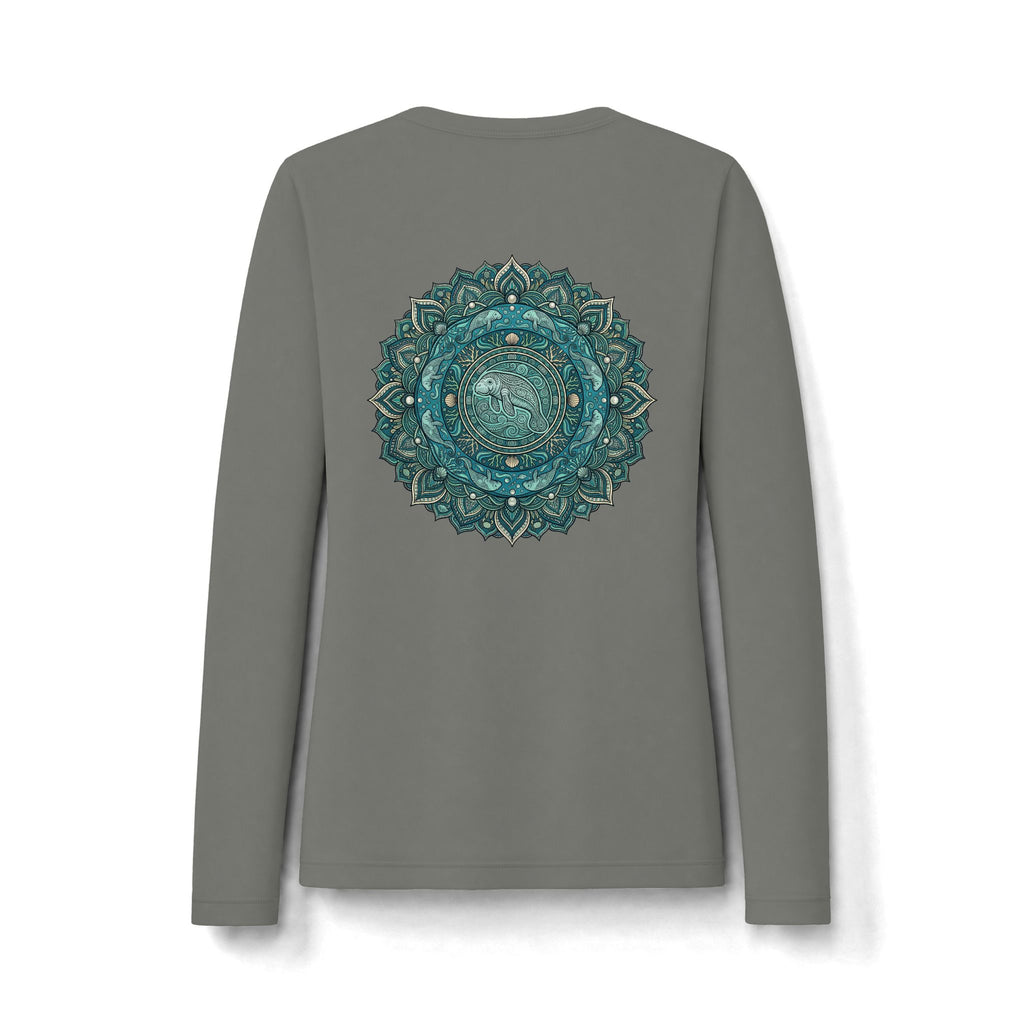 Women's Long Sleeve Tee — Teal Manatee Mandala Back Print | Sun Protection UV Shirt