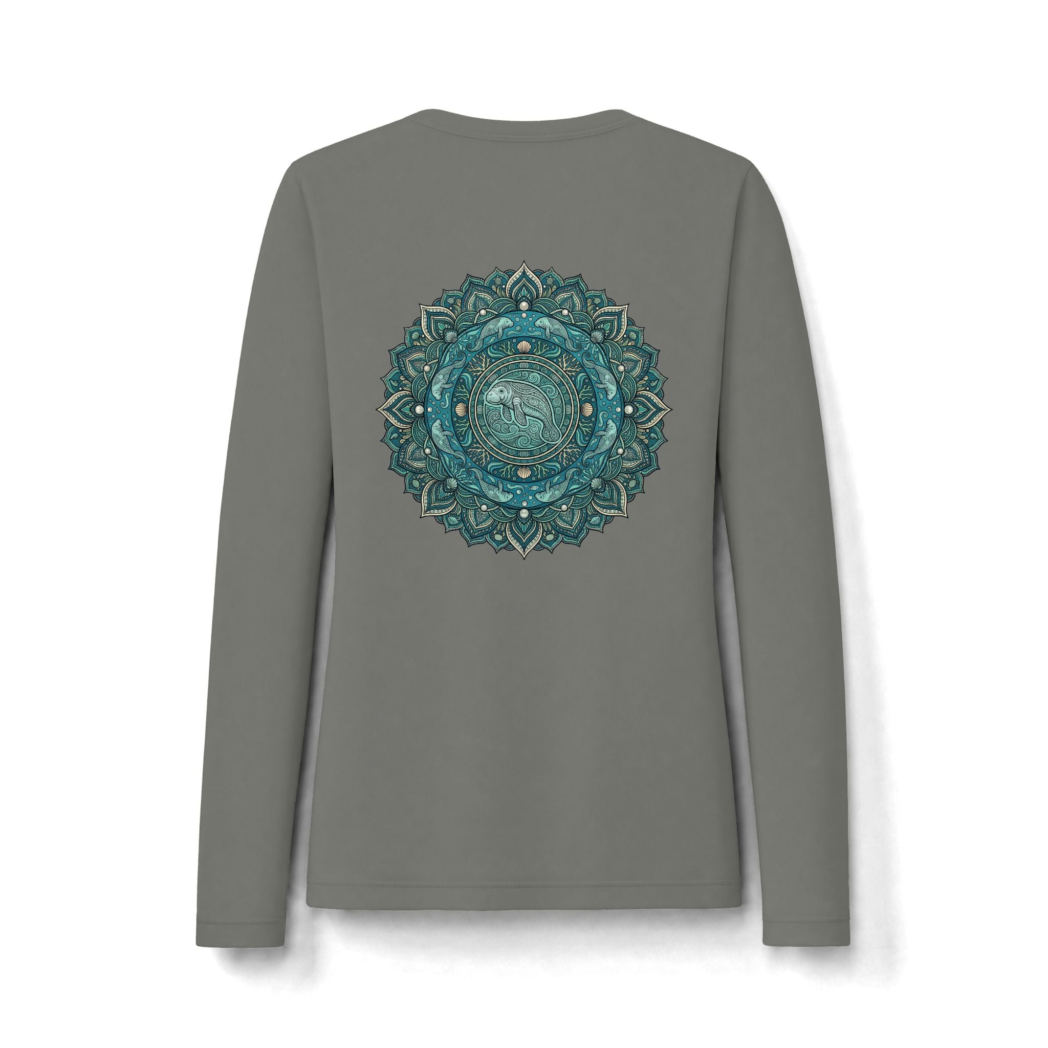 Women's Long Sleeve Tee — Teal Manatee Mandala Back Print | Sun Protection UV Shirt